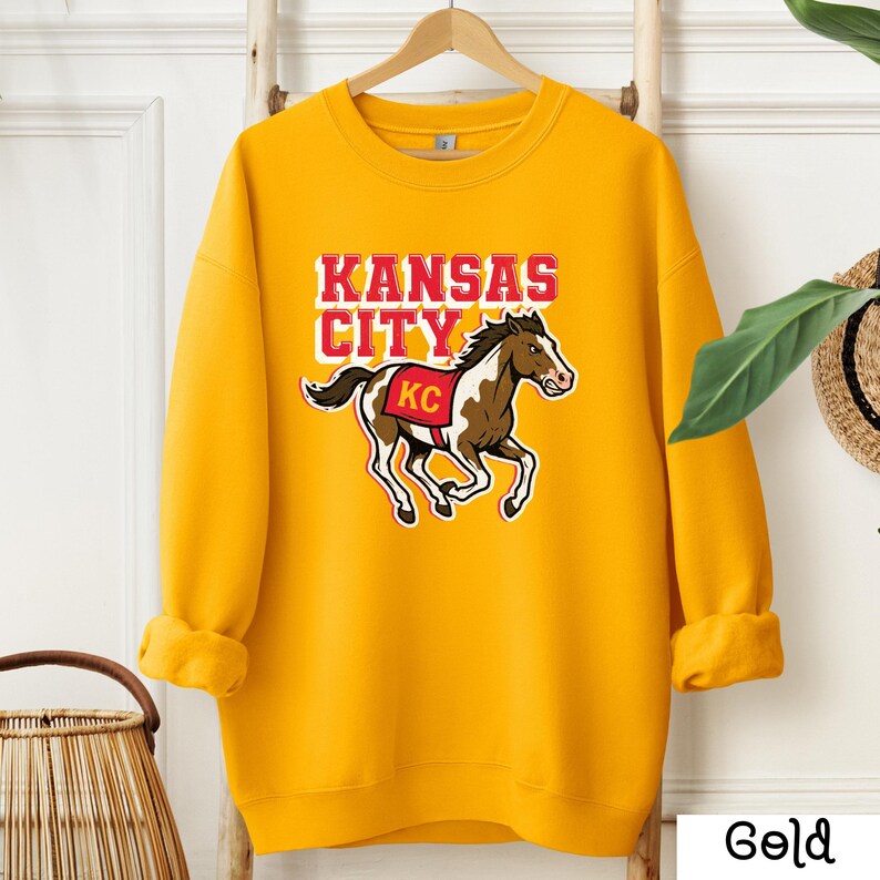 Kansas City Sweatshirt, KC Horse Game Day Crewneck, Kansas City Gift for Him Gold