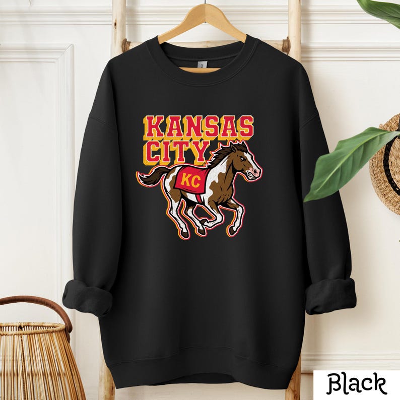 Kansas City Sweatshirt, KC Horse Game Day Crewneck, Kansas City Gift for Him Black