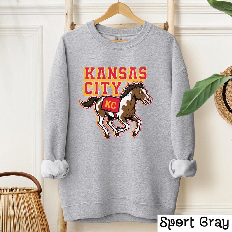 Kansas City Sweatshirt, KC Horse Game Day Crewneck, Kansas City Gift for Him Sport Grey