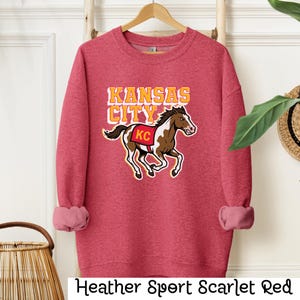 Kansas City Sweatshirt, KC Horse Game Day Crewneck, Kansas City Gift for Him Heather Scarlet Red