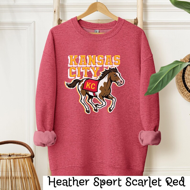 Kansas City Sweatshirt, KC Horse Game Day Crewneck, Kansas City Gift for Him Heather Scarlet Red