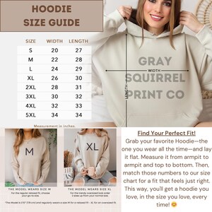 May include: A beige hoodie with the text "GRAY SQUIRREL PRINT CO." A size guide shows measurements in inches for sizes S to 5XL. The model wears size M for a relaxed fit and XL for an oversized fit.