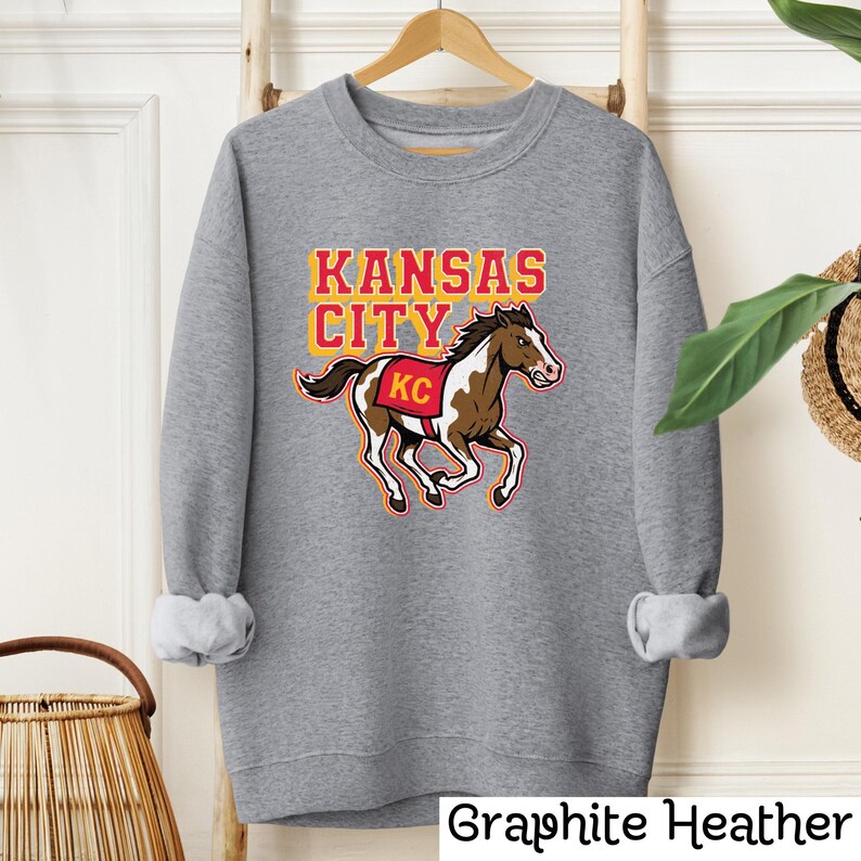 Kansas City Sweatshirt, KC Horse Game Day Crewneck, Kansas City Gift for Him Graphite Heather