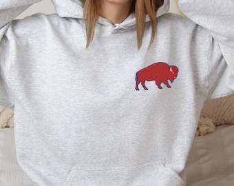 Buffalo Football Embroidered Pullover Hoodie, Stitched Vintage Graphic, Unisex Cotton Poly Blend