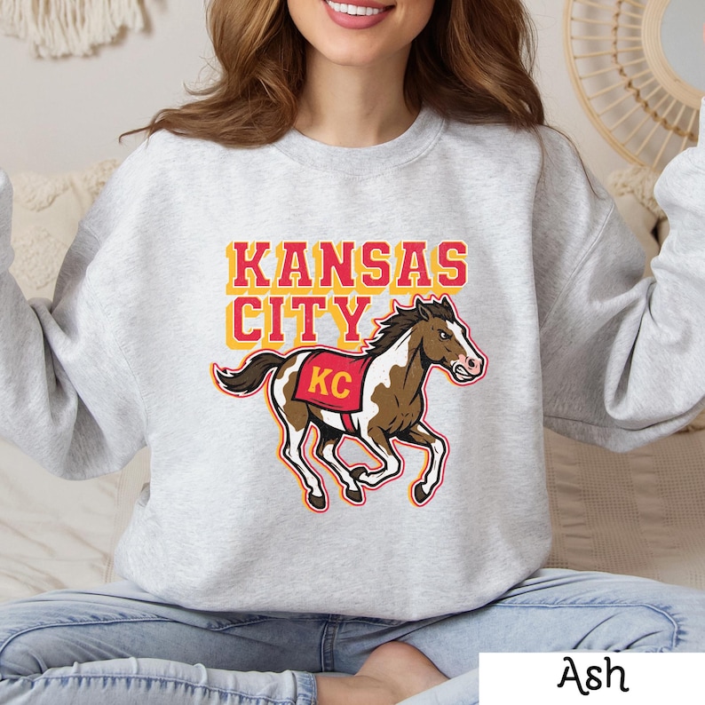Kansas City Sweatshirt, KC Horse Game Day Crewneck, Kansas City Gift for Him Ash