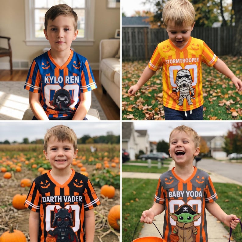 May include: A collection of four V-neck shirts featuring Star Wars characters. One is blue and orange with Kylo Ren, one is yellow and orange with a Stormtrooper, one is black and orange with Darth Vader, and one is gray and orange with Baby Yoda.