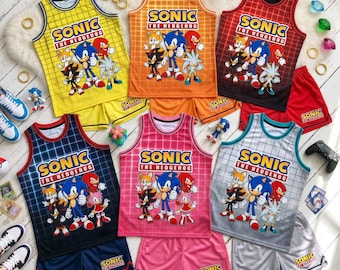 Conjunto de camiseta de baloncesto de Sonic the Hedgehog para niños, atuendo deportivo de anime de Sonic, regalo de cumpleaños para niños, conjunto de ropa de vacaciones a juego con dibujos animados