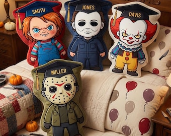 Personalized Horror Graduation Pillow, Chucky Pennywise Style Plush, Custom Name Scary Character Gift, Halloween Room Decor