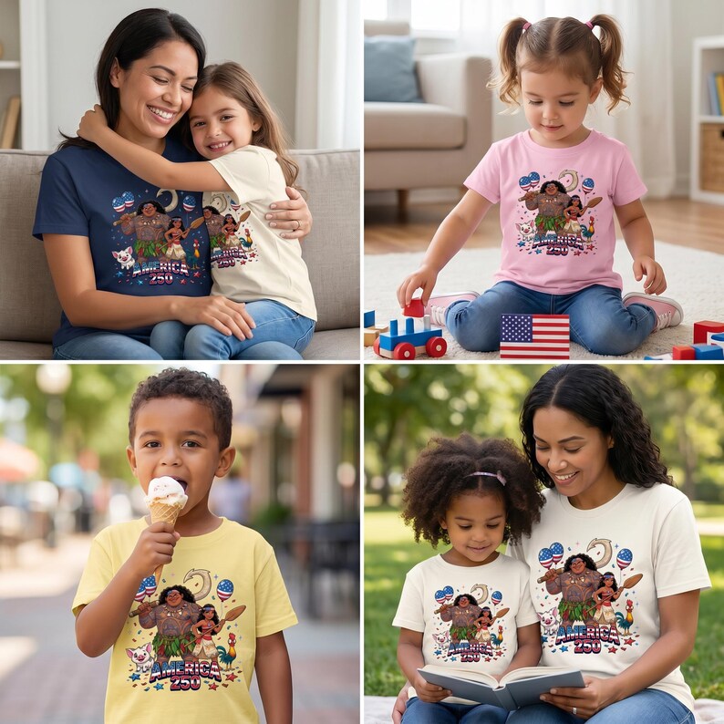 May include: A collection of short-sleeved t-shirts in navy blue, light pink, yellow, and cream, each featuring a graphic print of two animated characters, a pig, and a rooster, with the text "AMERICA 250" and patriotic balloons.