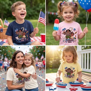 May include: A t-shirt featuring a graphic of Moana and Maui with the text America 250, available in navy blue, light pink, cream, and yellow, showcasing characters with a pig, a rooster, and patriotic balloons against a white background.