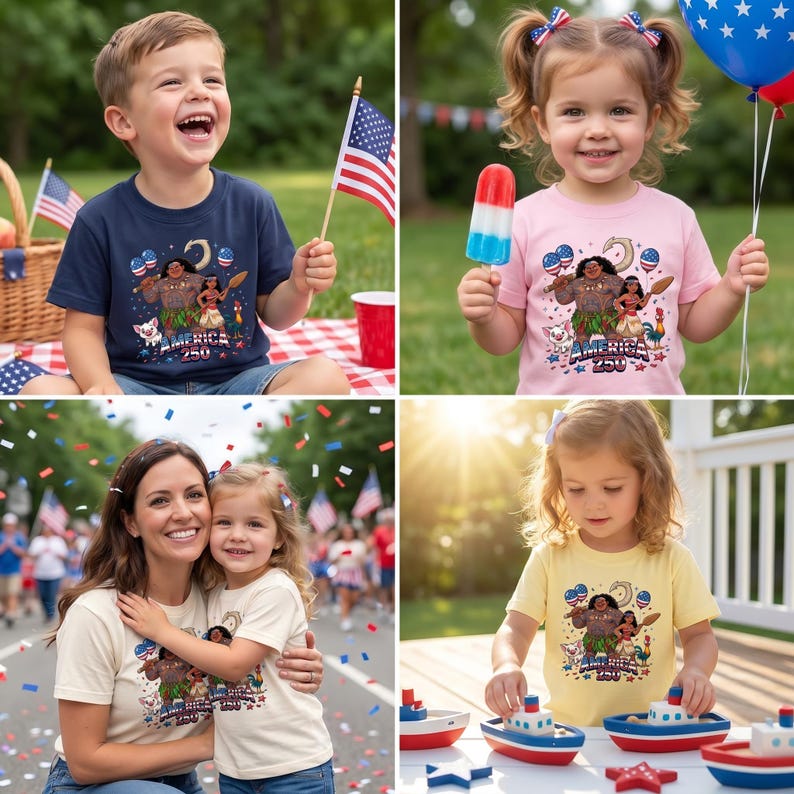 May include: A t-shirt featuring a graphic of Moana and Maui with the text America 250, available in navy blue, light pink, cream, and yellow, showcasing characters with a pig, a rooster, and patriotic balloons against a white background.