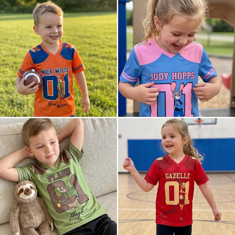 Pu&ograve; includere: Quattro bambini che indossano maglie a tema Zootropolis. Le maglie sono arancioni, blu, verdi e rosse, ognuna con il nome di un personaggio e il numero 01. Le maglie presentano Nick Wilde, Judy Hopps, Flash e Gazelle.
