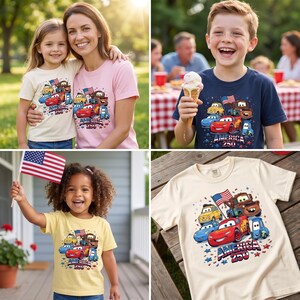 May include: A collection of short-sleeved t-shirts featuring a graphic print of animated cars, a waving American flag, and the text "America 250" surrounded by red and blue stars. The shirts are shown in various colors including cream, pink, navy, and yellow.
