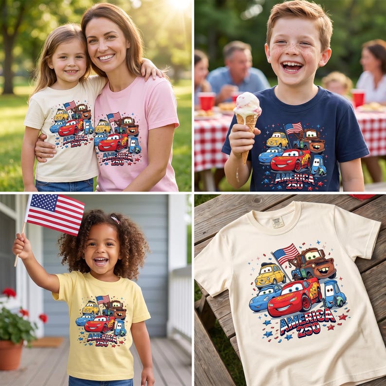 May include: A collection of short-sleeved t-shirts featuring a graphic print of animated cars, a waving American flag, and the text "America 250" surrounded by red and blue stars. The shirts are shown in various colors including cream, pink, navy, and yellow.