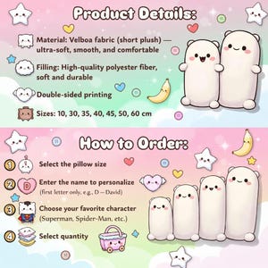 Puede incluir: Una gu&iacute;a ilustrada para pedir almohadas de peluche. La imagen muestra dos almohadas blancas con forma de oso e instrucciones. El texto detalla el material, el relleno y los tama&ntilde;os disponibles en cent&iacute;metros. Las instrucciones incluyen la selecci&oacute;n del tama&ntilde;o, la personalizaci&oacute;n con una letra, la elecci&oacute;n de un personaje y la selecci&oacute;n de la cantidad.