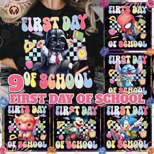 9 Designs First Day Of School Png Bundle, Movie Characters Png, Cute Cartoon Clipart, School Checkered Png, Kindergarten Png, Digital File