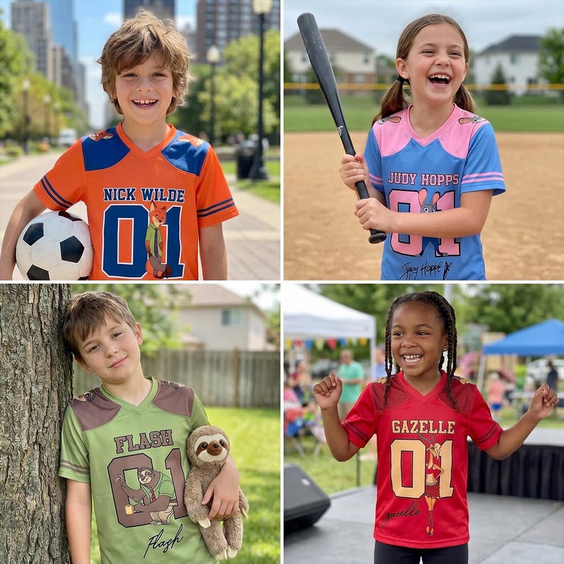 Pu&ograve; includere: Quattro bambini indossano maglie colorate con disegni di personaggi dei cartoni animati. Le maglie sono arancioni, blu, verdi e rosse, ognuna con il nome di un personaggio e il numero 01. Un bambino tiene in mano un pallone da calcio, un altro una mazza da baseball e un altro un bradipo di peluche.