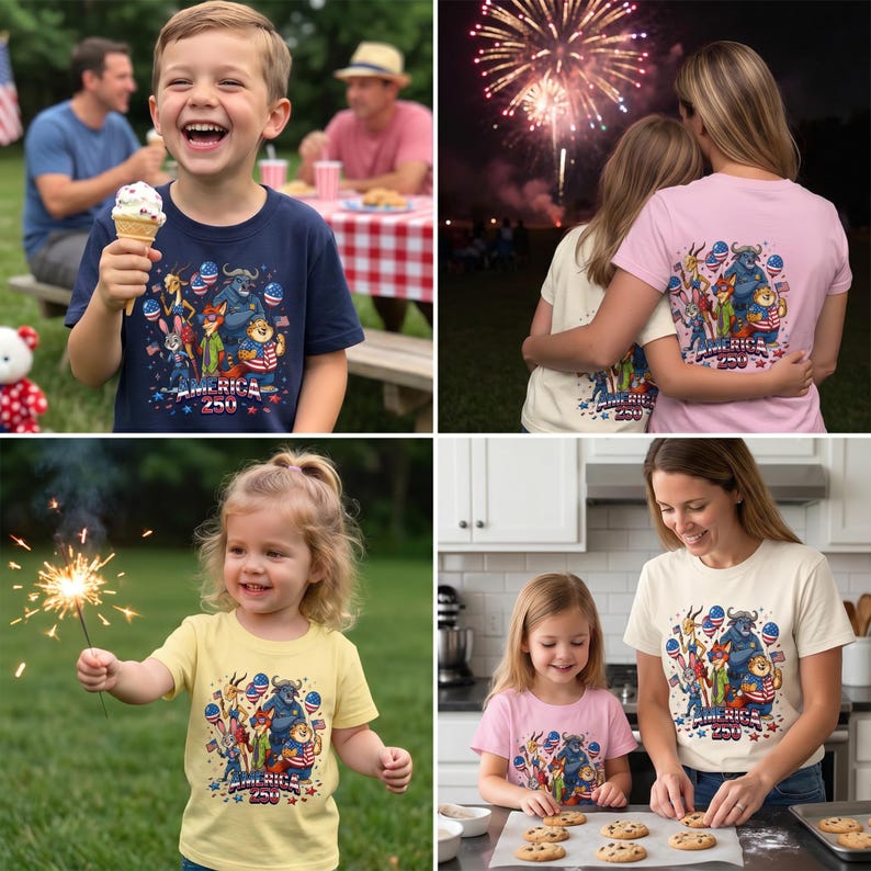 May include: A collection of t-shirts in navy, light pink, yellow, and cream, each featuring a graphic print of various cartoon animals with American flags and the text "AMERICA 250" in red, white, and blue, displayed across four different scenes.