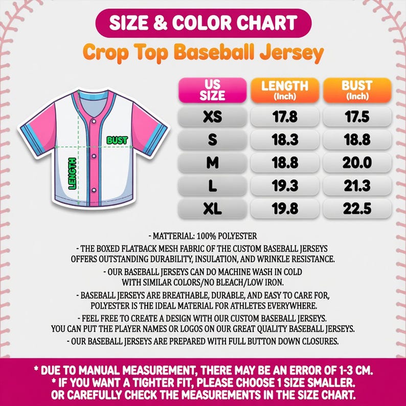 Op de afbeelding: Maat- en kleurentabel voor een crop top honkbalshirt. De tabel bevat maten XS tot XL, met afmetingen in inches voor lengte en borst. Het shirt is wit met roze en blauwe accenten. Het materiaal is 100% polyester.
