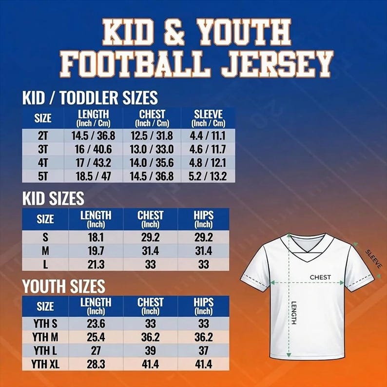 May include: A size chart for a kid and youth football jersey featuring a white v-neck jersey illustration with labelled length, chest, and sleeve measurements. The table lists sizes 2T through 5T, S through L, and YTH S through YTH XL in inches.