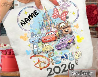 Diseño de camiseta de Cars Vacation 2026 con nombre personalizado para niños y niñas (PNG), clipart de cabeza de ratón y castillo, conjuntos de vacaciones a juego, descarga digital