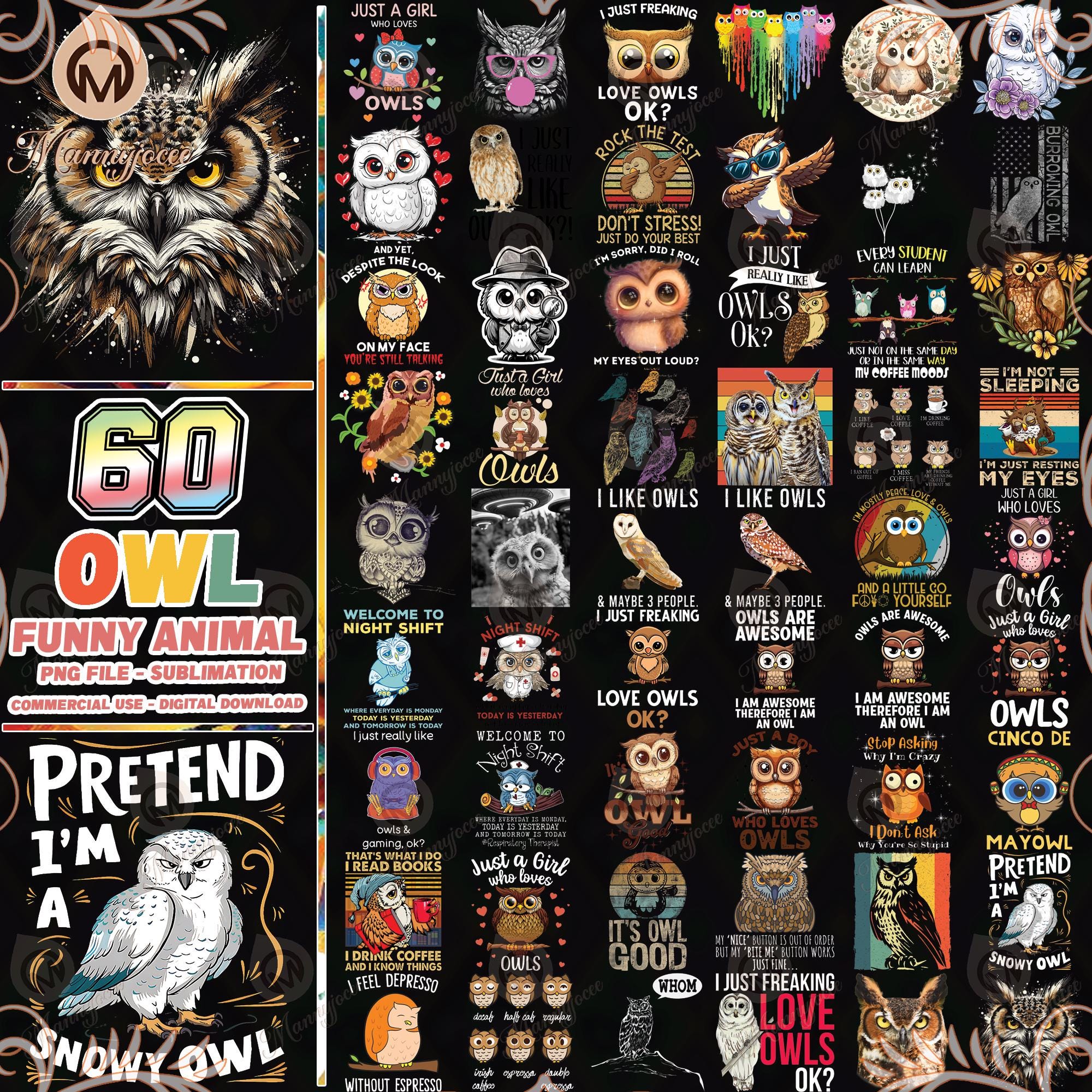 60 Files Owl PNG Bundle, Night Owl Png, Woodland Animal Clipart Png, Cute Owl Shirt Designs Png, Com