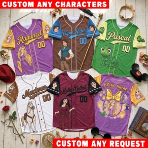 May include: Six custom baseball jerseys featuring characters and names from the movie Tangled, including Rapunzel, Flynn Rider, Pascal, Maximus, and Mother Gothel, with various color schemes, printed graphics, and the number 00 on the front.