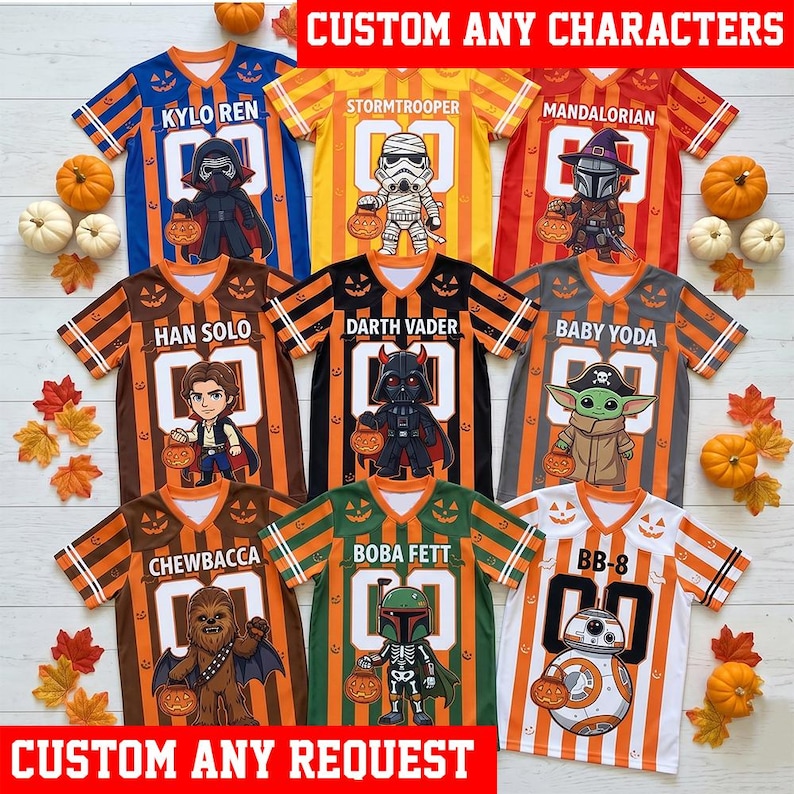 Star Wars Halloween Football Jersey, Personalized Darth Vader Shirt, Baby Yoda Costume, Mandalorian Gift, Custom Kids Jersey image 1