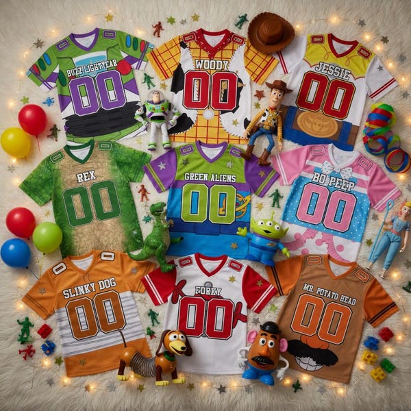 Toy Story Birthday Football Jersey, Custom Name Number Shirt, Buzz Woody Jessie Rex Alien Family Matching Birthday Squad Outfit, Y2k Jersey