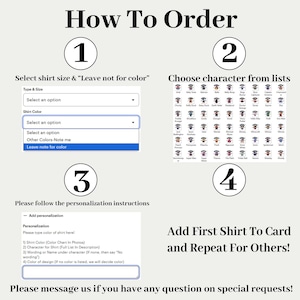 Puede incluir: Un gr&aacute;fico de instrucciones titulado How To Order con cuatro pasos numerados. Muestra men&uacute;s desplegables para el tama&ntilde;o y color de la camiseta, una cuadr&iacute;cula de iconos de personajes y un cuadro de texto para detalles de personalizaci&oacute;n.