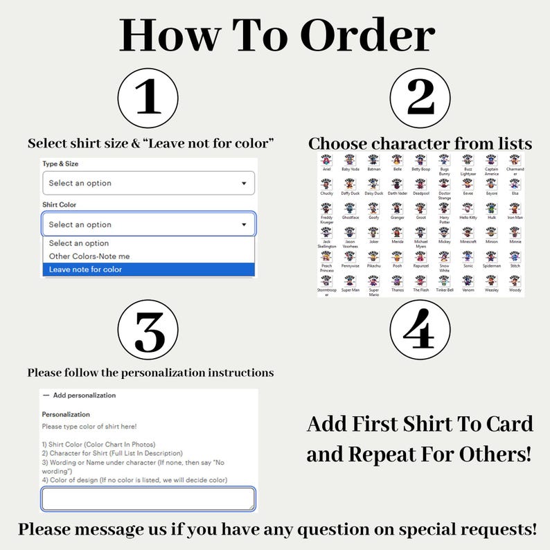 Puede incluir: Un gr&aacute;fico de instrucciones titulado How To Order con cuatro pasos numerados. Muestra men&uacute;s desplegables para el tama&ntilde;o y color de la camiseta, una cuadr&iacute;cula de iconos de personajes y un cuadro de texto para detalles de personalizaci&oacute;n.
