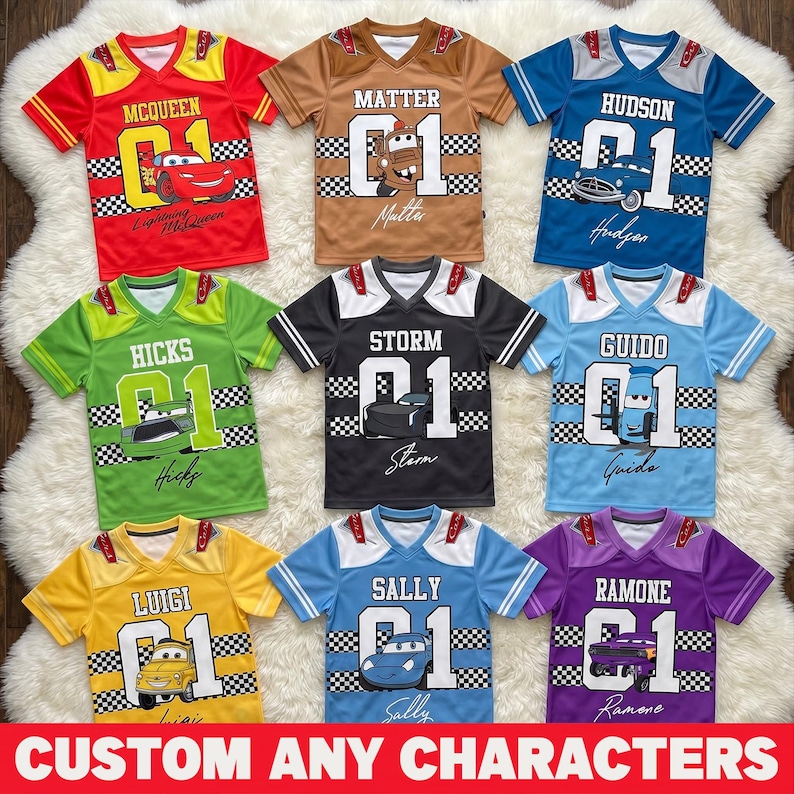May include: A collection of colorful jersey-style shirts featuring various characters and the text "CUSTOM ANY CHARACTERS". Each shirt has a character name, a number "01", and a corresponding cartoon car graphic. Colors include red, brown, blue, green, black, yellow, light blue, and purple.