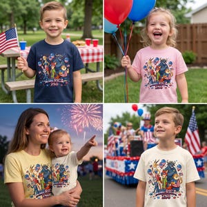 May include: A collection of t-shirts in navy blue, light pink, pale yellow, and cream, each featuring a graphic print of cartoon animals with American flags and the text America 250. The designs include a gazelle, buffalo, rabbit, fox, and bear.