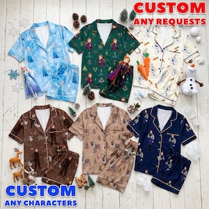 May include: Six sets of short-sleeved button-down pajama shirts and matching shorts featuring various character prints from Frozen, including Elsa, Anna, Olaf, Kristoff, and Sven. Each set includes a coordinating doll or plush toy figure.