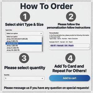 Op de afbeelding: Een grafische handleiding voor het bestellen van een gepersonaliseerd shirt. De stappen omvatten het selecteren van het type en de maat van het shirt, het volgen van personalisatie-instructies, het selecteren van de hoeveelheid en het toevoegen aan de winkelwagen.