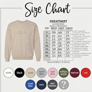 May include: A beige sweatshirt displayed next to a size chart for Gildan 18000 unisex sweatshirts. The chart lists sizes S through 5XL with width, chest, and length measurements in inches, plus fabric composition and construction details.