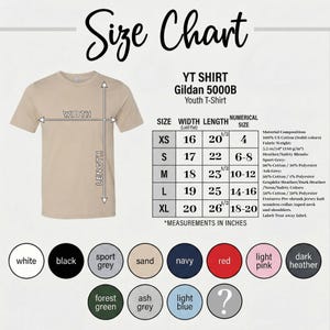 May include: A Gildan 5000B youth t-shirt size chart in sand color. The chart displays width and length measurements in inches for sizes XS to XL. Below the chart are circular color swatches including white, black, sport grey, sand, navy, red, light pink, dark heather, forest green, ash grey, light blue, and a question mark.