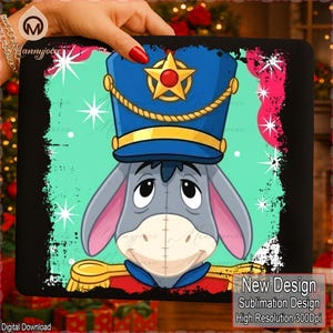May include: A digital design featuring a cartoon donkey wearing a blue military hat with a gold star and trim. The donkey is set against a teal background with a black border and star accents. Text at the bottom reads "New Design, Sublimation Design, High Resolution 300Dpi."