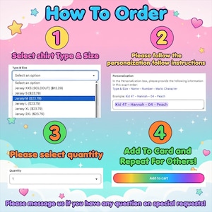 Pode incluir: Gr&aacute;fico colorido com instru&ccedil;&otilde;es sobre como encomendar uma camisa personalizada. As etapas incluem selecionar o tipo e tamanho da camisa, seguir as instru&ccedil;&otilde;es de personaliza&ccedil;&atilde;o, selecionar a quantidade e adicionar ao carrinho.