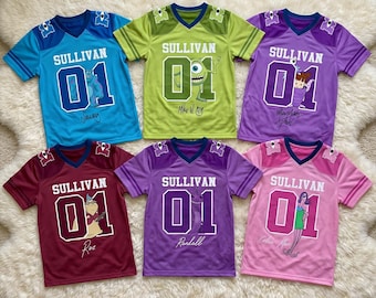 Camiseta de fútbol de Monsters Inc., camiseta deportiva de Sulley, Mike Wazowski, Boo, Roz y Celia Mae, regalo personalizado para fans de Pixar.