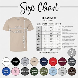 May include: A beige Gildan 5000 unisex t-shirt size chart with a diagram showing width, chest, and length measurements in inches. The chart lists sizes S through 5XL with corresponding dimensions and a color palette of 17 circular swatches below.