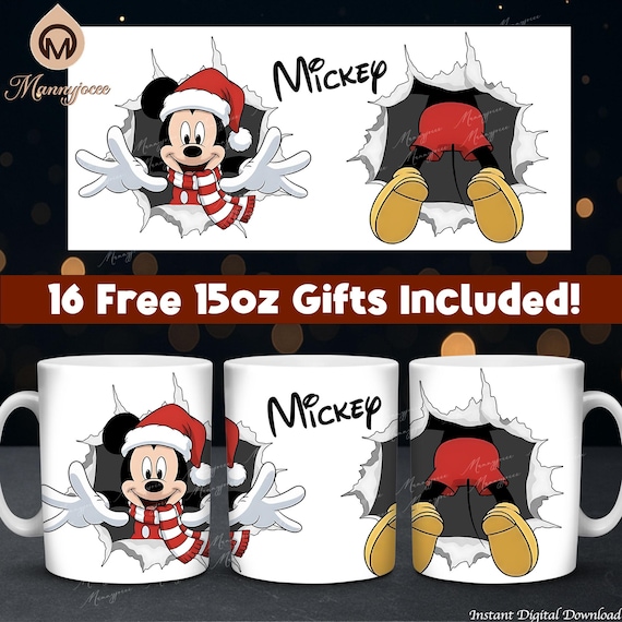 Cute Christmas Mouse Mug Wrap PNG for 11oz & 15oz, Front-Back Breakthrough Cartoon Design, Festive Coffee Cup Printable, Digital Download