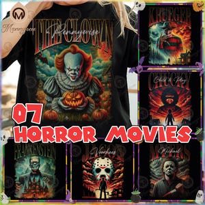 7 Designs Horror Movies PNG Bundle, Love Horror Movies, Halloween Horror Clipart, Scary Spooky Characters Png, Commercial Use, Digital File
