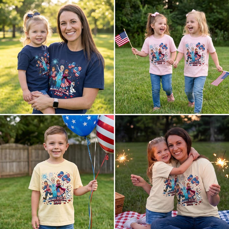 K&ouml;nnte beinhalten: Kurzarm-T-Shirts in Marineblau, Hellrosa und Creme mit einem Grafikdruck von animierten Figuren, roten und blauen Luftballons sowie dem Text America 250. Die T-Shirts haben einen Rundhalsausschnitt und einen geraden Saum, getragen von Kindern und Erwachsenen.