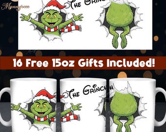 Green Monster Christmas Mug Wrap PNG for 11oz & 15oz, Front-Back Breakthrough Cartoon Design, Festive Coffee Cup Printable, Digital Download