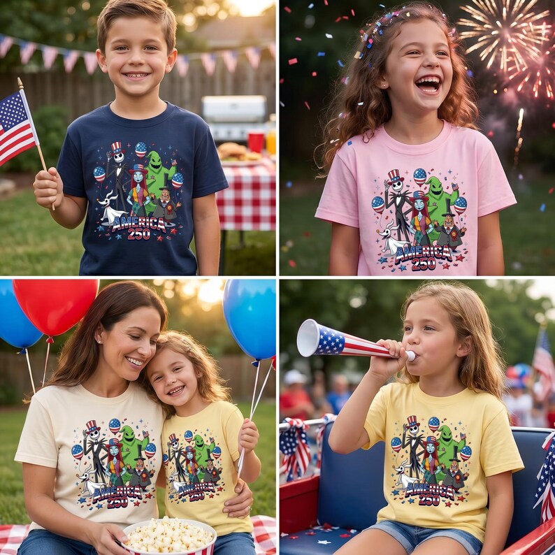 Puede incluir: Una camiseta de manga corta con un estampado gr&aacute;fico de personajes de Pesadilla antes de Navidad, incluyendo a Jack Skellington, Sally y Oogie Boogie, con el texto America 250 y globos patri&oacute;ticos con estrellas y rayas.