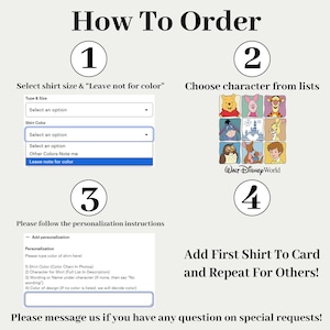 May include: An instructional graphic titled How To Order with four numbered steps. It displays dropdown menus for shirt size and color, a grid of Disney characters, and a text box for personalization instructions, ending with a prompt to add to cart.