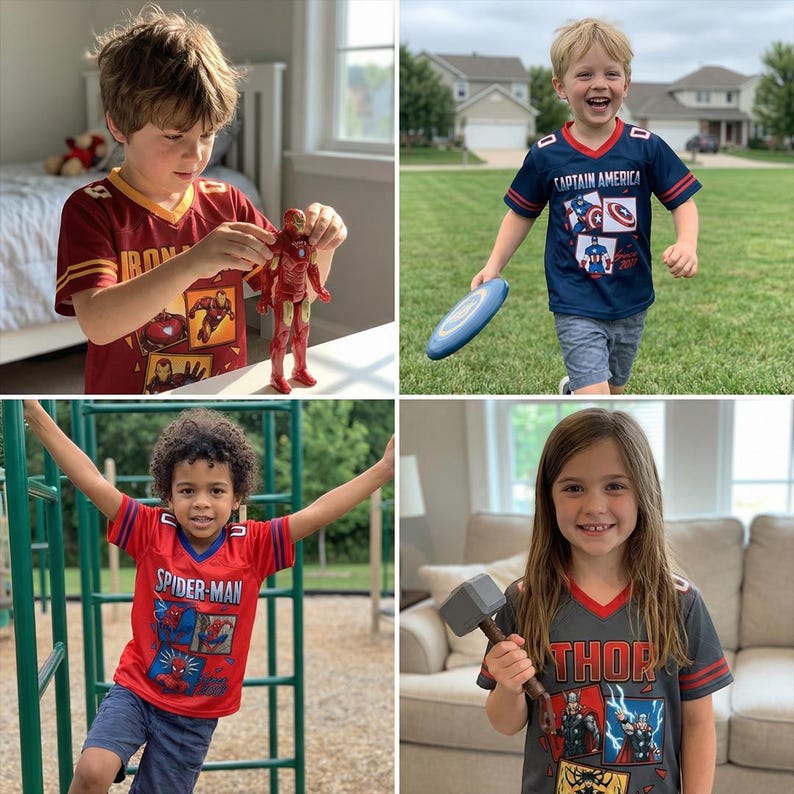May include: A collection of four short-sleeved V-neck shirts featuring Marvel superhero graphics. The shirts include a red Iron Man design, a navy blue Captain America print, a bright red Spider-Man graphic, and a grey Thor themed shirt.