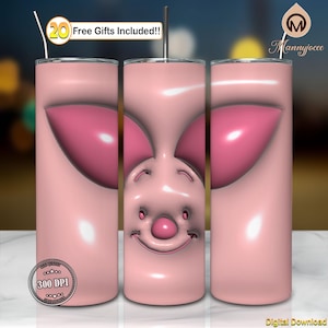 Cerdo lindo Png, Personaje de dibujos animados Png, Diseño inflado 3D Png, Cara de dibujos animados Png, Diseño de sublimación para vaso delgado de 20 oz Png, Archivo digital