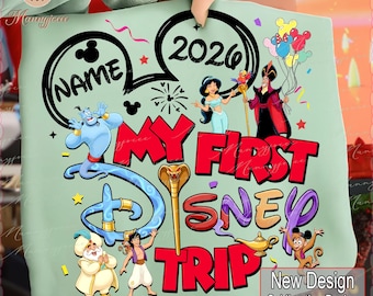 Benutzerdefinierter Name meine erste Prinzessin Reise 2026 PNG, niedliche Familienfeier Shirt Design, Cartoon Ballons Feuerwerk Stil Clipart, digitale Datei